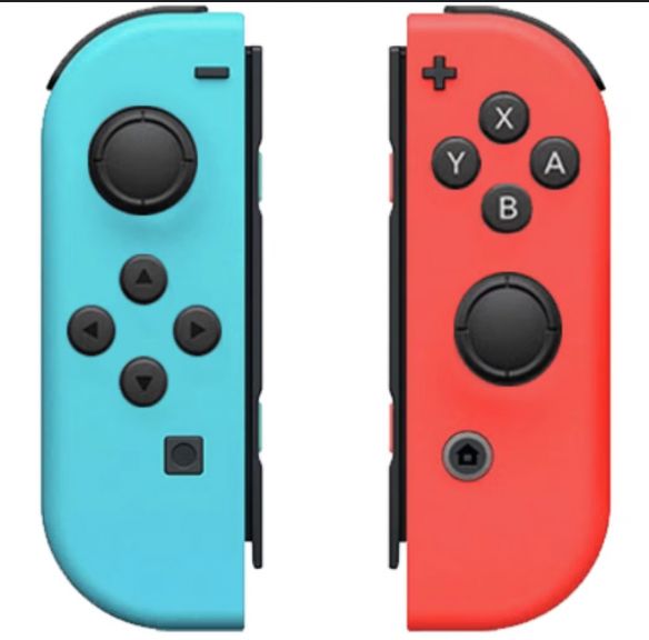Switch joycons. They are bodies are fully blue and fully red, with accenting black buttons.