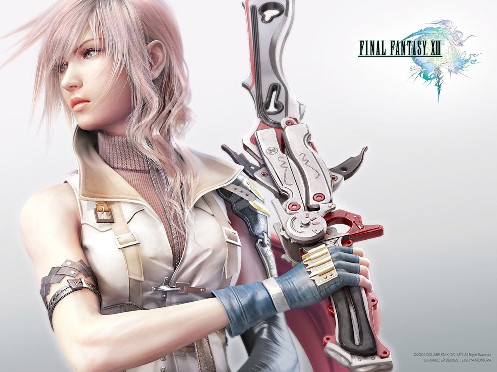 Cover of Final Fantasy XIII. The protagonist Lightning is on the left of picture, at a big scale. The logo of the game is on the top right of the picture. The background is a white gradient vertically to grey. 