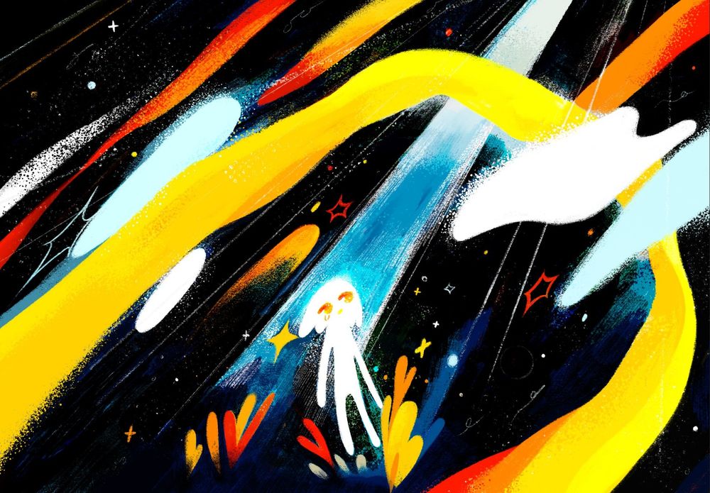 A tiny crying figure stares at the only source of light in their dark flowing world.
