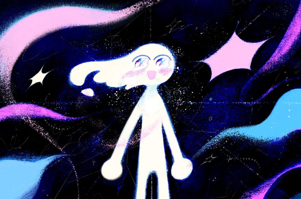 (2019) A figure gleefully stares straight ahead, what are they looking at? The cosmos flows behind them.