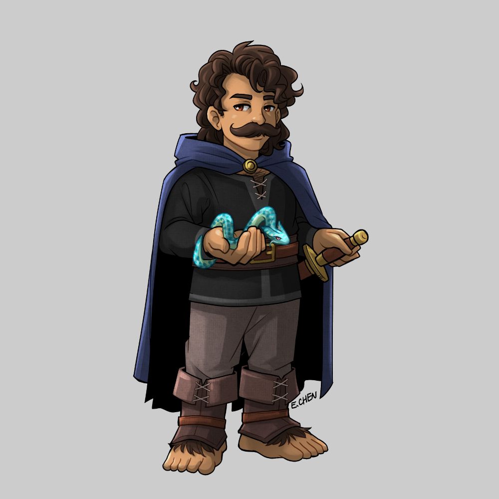 character art of a halfling merchant/witch, carrying his snake familiar in one hand and holding onto his dagger with the other hand.
