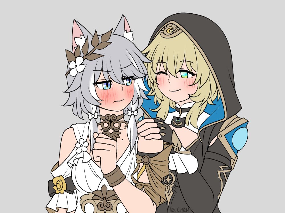 Illustration of Cipher and Aglaea from Honkai Star Rail with their outfits swapped! Aglaea has a hand on Cipher's shoulder and looks happy, Cipher looks very embarrassed uwu