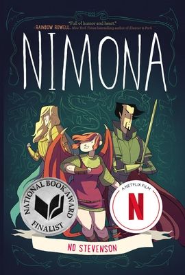 Cover of Nimona, by ND Stevenson

A girl with dragon wings stands in front of two knights, one golden and beautiful, the other dark and scarred