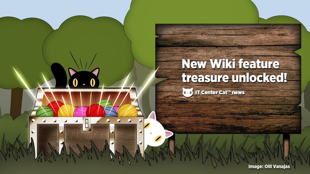 A digital illustration of IT Center Cats peeking behind a treasure chest filled with balls of yarn. The cats are looking towards the viewer.