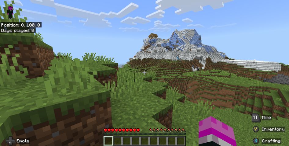 view of realm spawn; a hilly biome with a big mountain is far ahead in the background, and a house exists on top