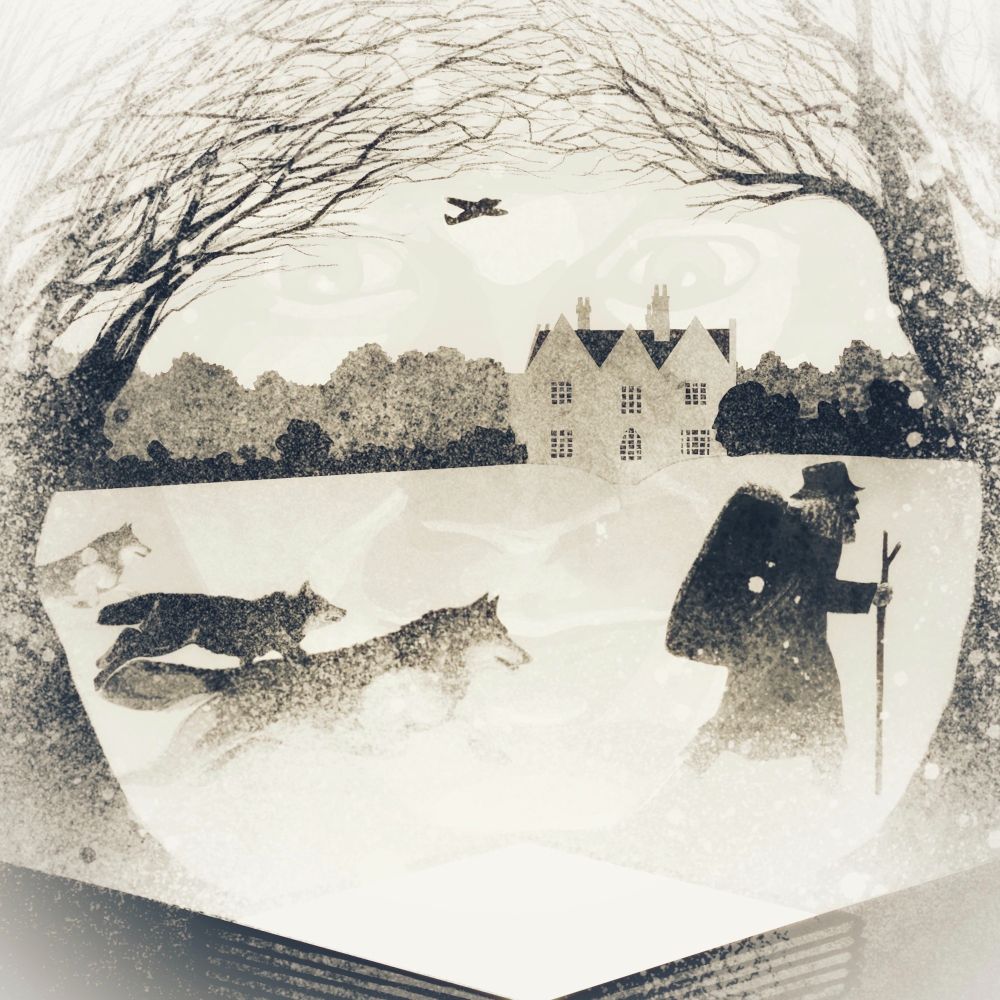 A black and white illustration of John Masefield's Box of Delights. An elderly bearded man trudges through snow pursued by wolves. Trees flank the scene, which appears to emerge from a box and a ghostly face gazes at it in the background. There is a white house on a hill and a aeroplane in the sky.