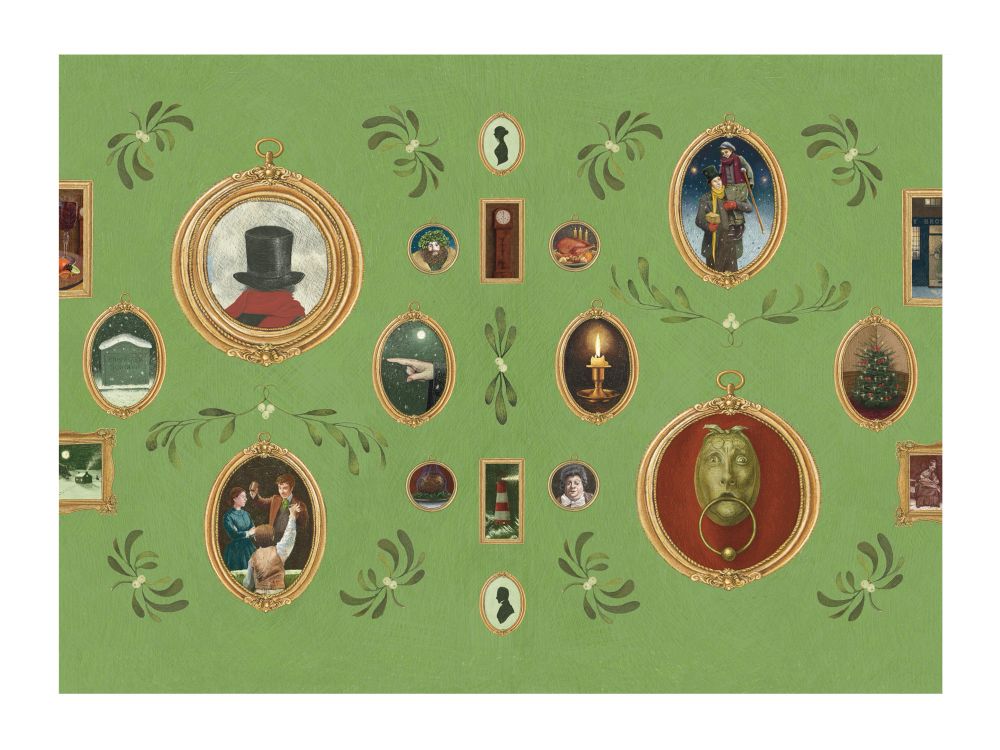 An illustration of a Georgian wallpaper like design featuring small gilt framed paintings interspersed with mistletoe. The background is green. Each picture is different, and all illustrate themes or scenes in Charles Dickens’ A Christmas Carol. 