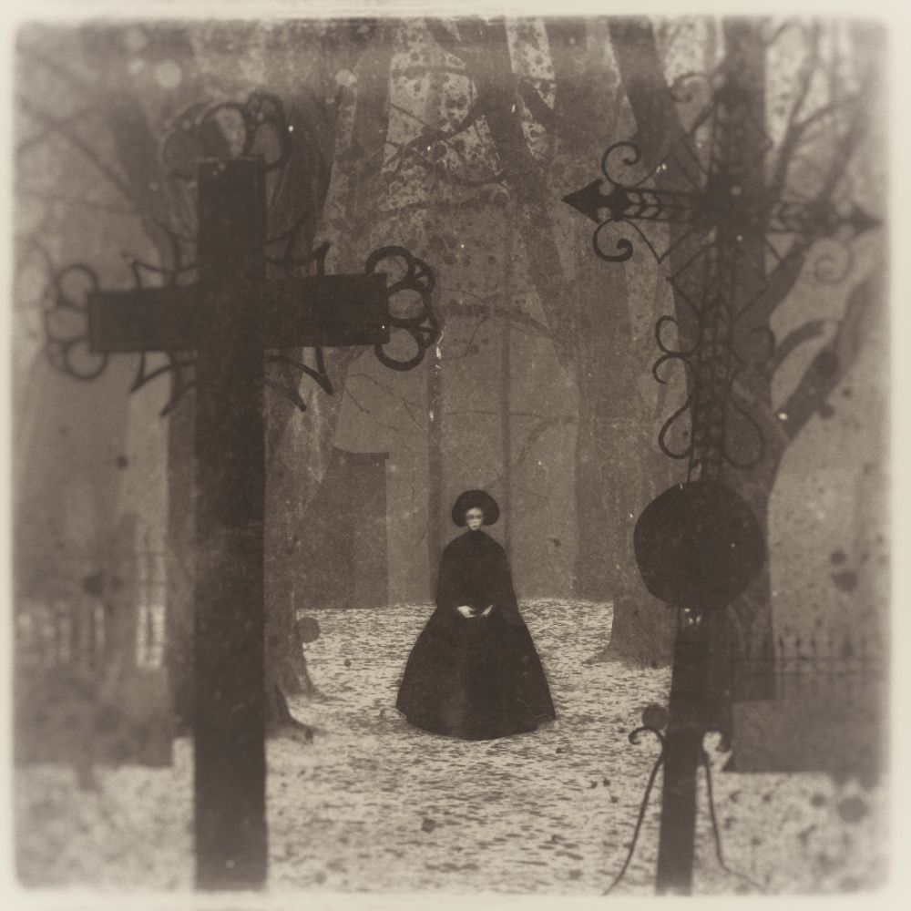 An illustration inspired by Robert Egger's adaptation of Nosferatu. A woman in early Victorian mourning stood in a graveyard, flanked by metal grave markers.