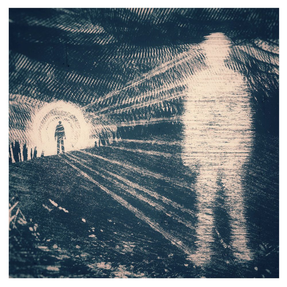 An illustration inspired by the Brocken Spectre phenomenon - a figure full of light in the foreground is projected into shadow on the horizon. Or something. 