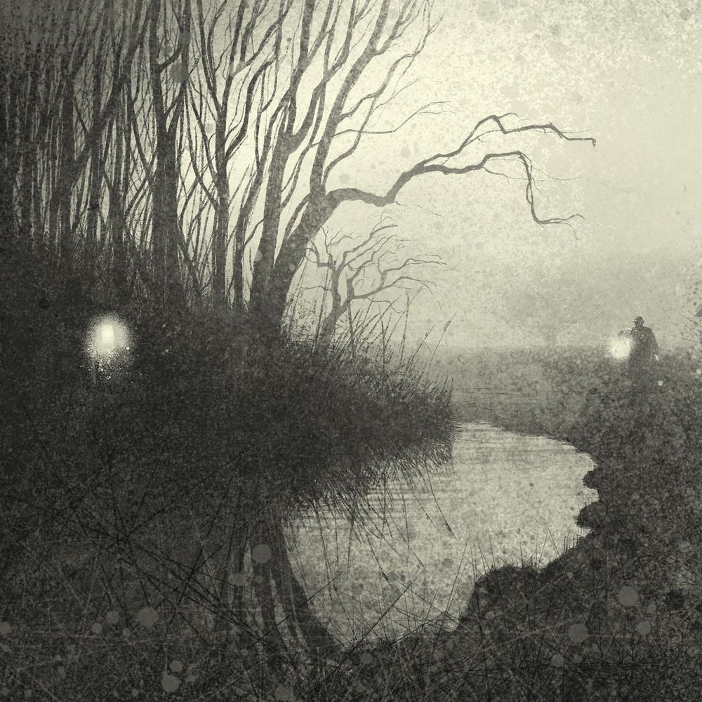 The banks of a Cambridgeshire dyke. Bare limbed trees on the left. There are two silhouetted figures holding lamps - the legendary lantern men of Wicken Fen