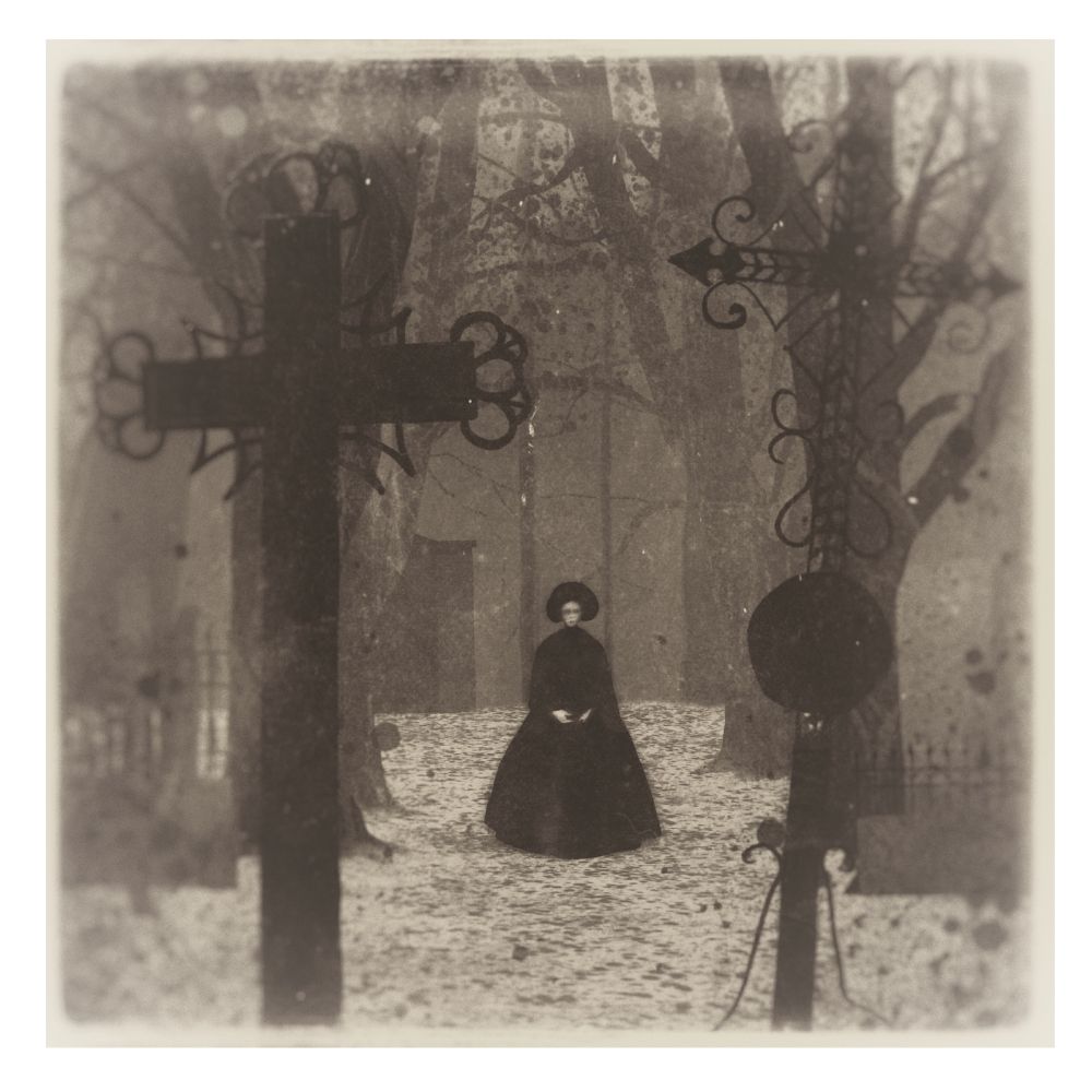 A black and white illustration of the Robert Eggars film Nosferatu. The figure of a woman in early Victorian high mourning walks through a snowy graveyard, flanked by two metal cross shaped grave markers