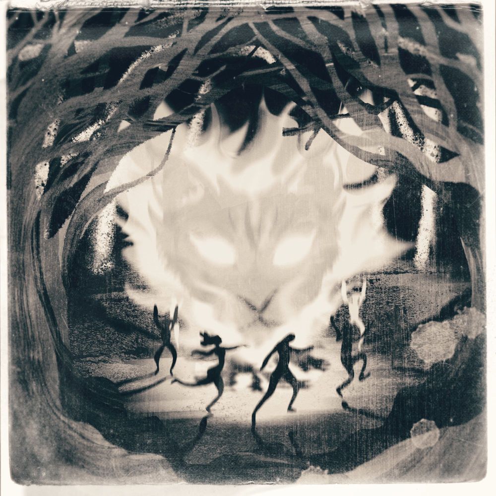 A black and white illustration of frenzied dancers circling a fire in the woods. The flames have taken on the form of a giant cat's head.