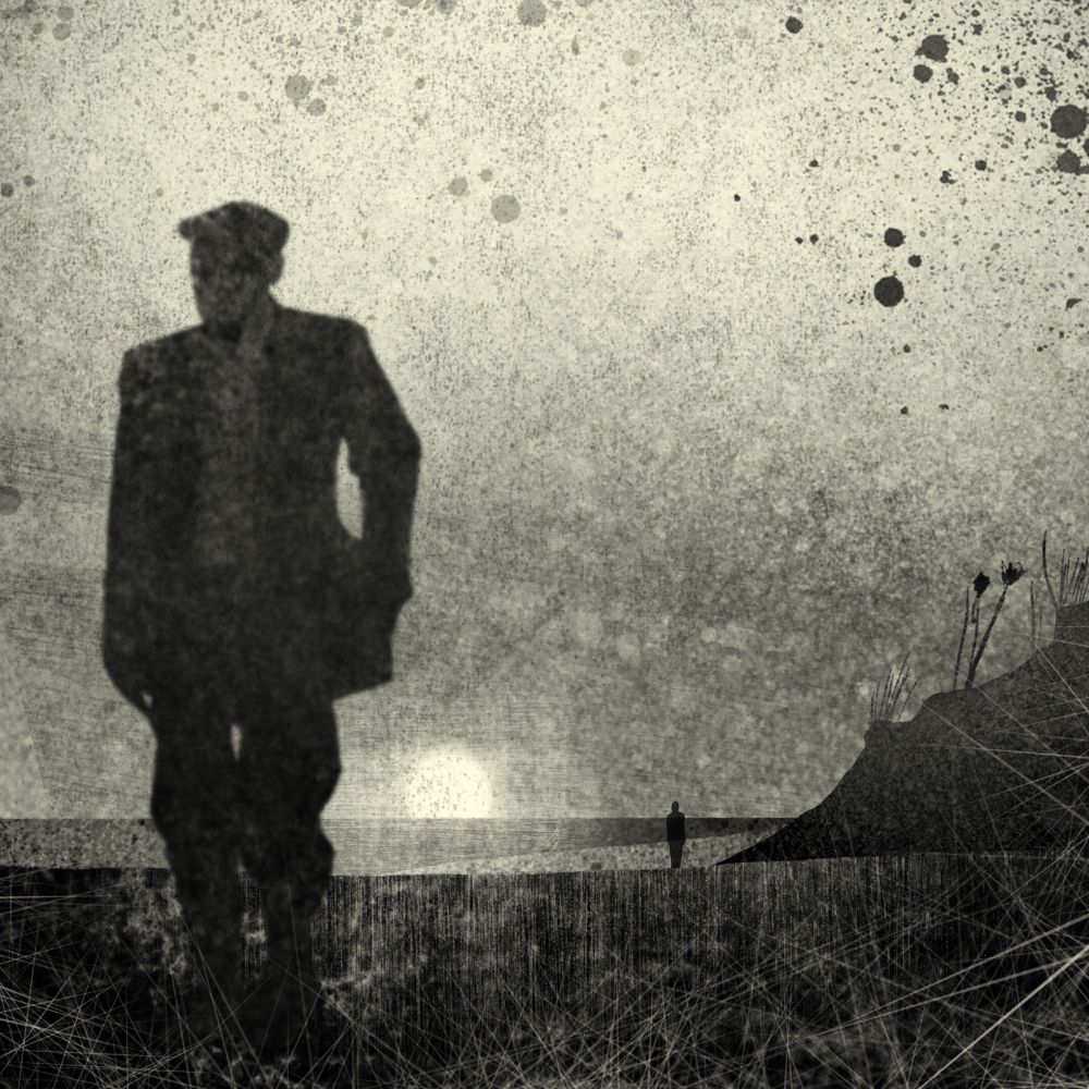 A black and white illustration inspired by the Jonathan Miller adaptation of the M R James story Oh Whistle and I'll Come to you, My Lad. A dark figure in the distance pursues a man pictured in silhouette against a sun setting over the sea