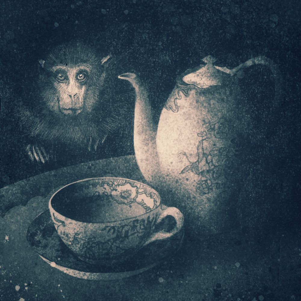 A black and white illustration with a blue tinge of a tall decorated china teapot and a cup and saucer full of clear green tea. A monkey's face stares intently at the viewer apparently clinging to the back of a chair next to the table the tea things sit on