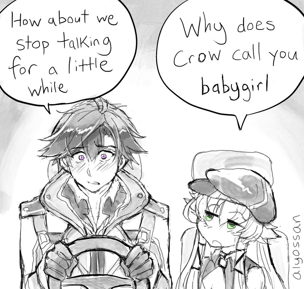 Fan art of Rean Schwarzer and Altina Orion from Trails of Cold Steel. Altina is asking "Why does Crow call you babygirl" and Rean responds "How about we stop talking for a little while"