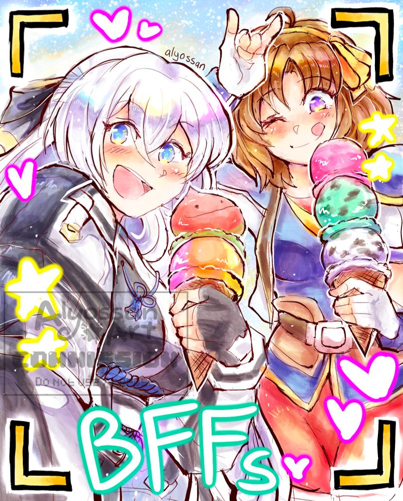 Fan art of a selfie of Shizuna Rem Misurugi and Anelace Elfead from the Trails series while they are hanging out eating ice cream together