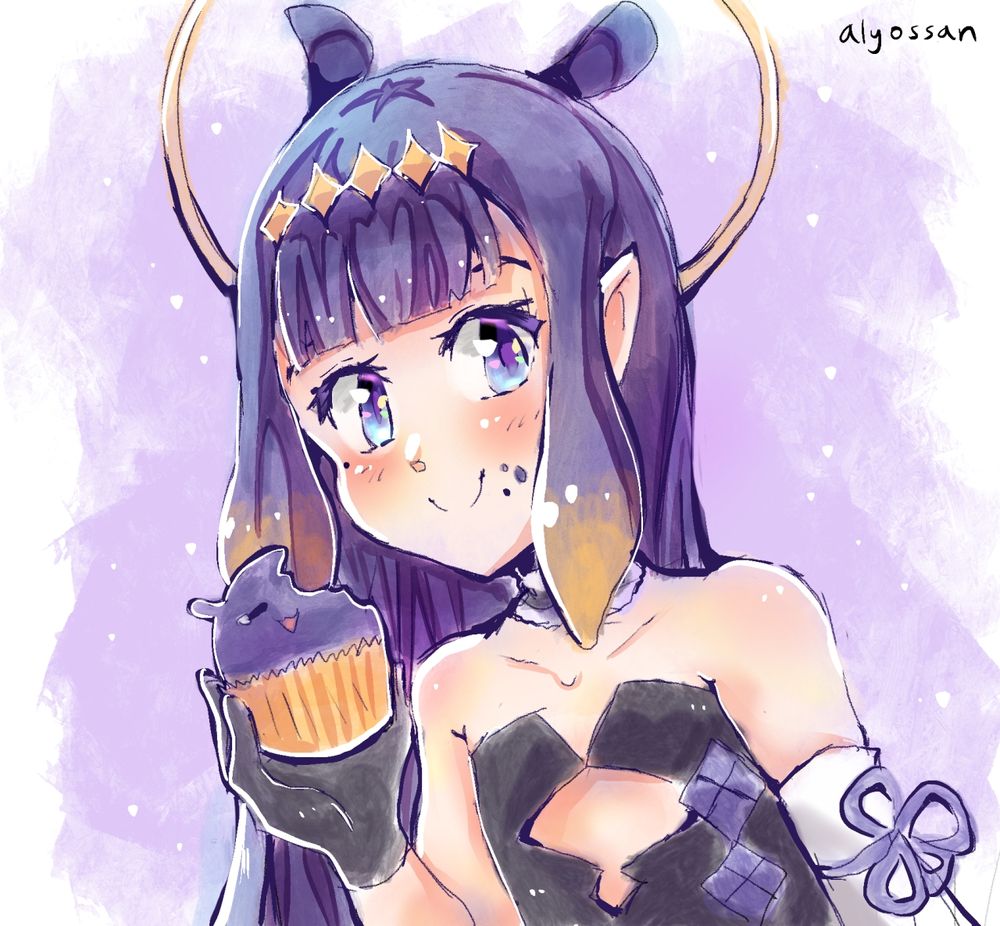 Fan art of the vtuber Ninomae Inanis from Hololive. She is holding a cupcake shaped like her fan mascot, and taken a large bite out of it.