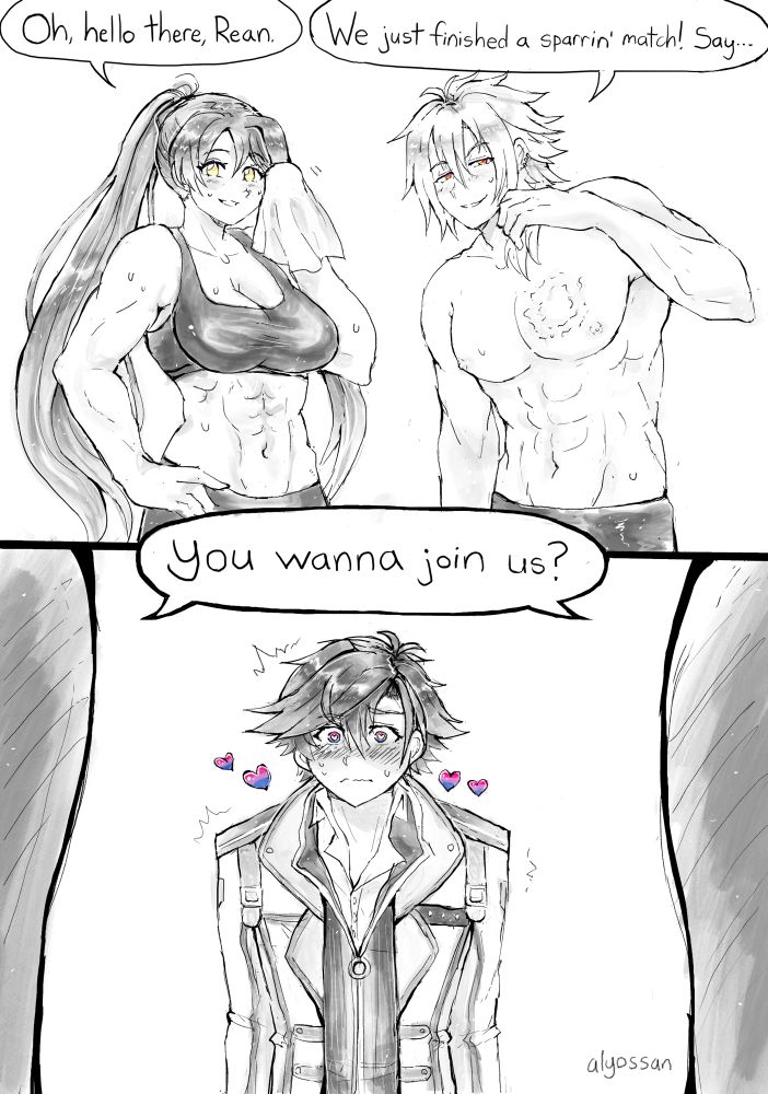 A fan art comic of Laura S. Arseid, Crow Armbrust, and Rean Schwarzer. Laura and Crow have just finished sparring and they ask Rean if he would like to join them, causing him to have bisexual panic when he sees how sexy they both are