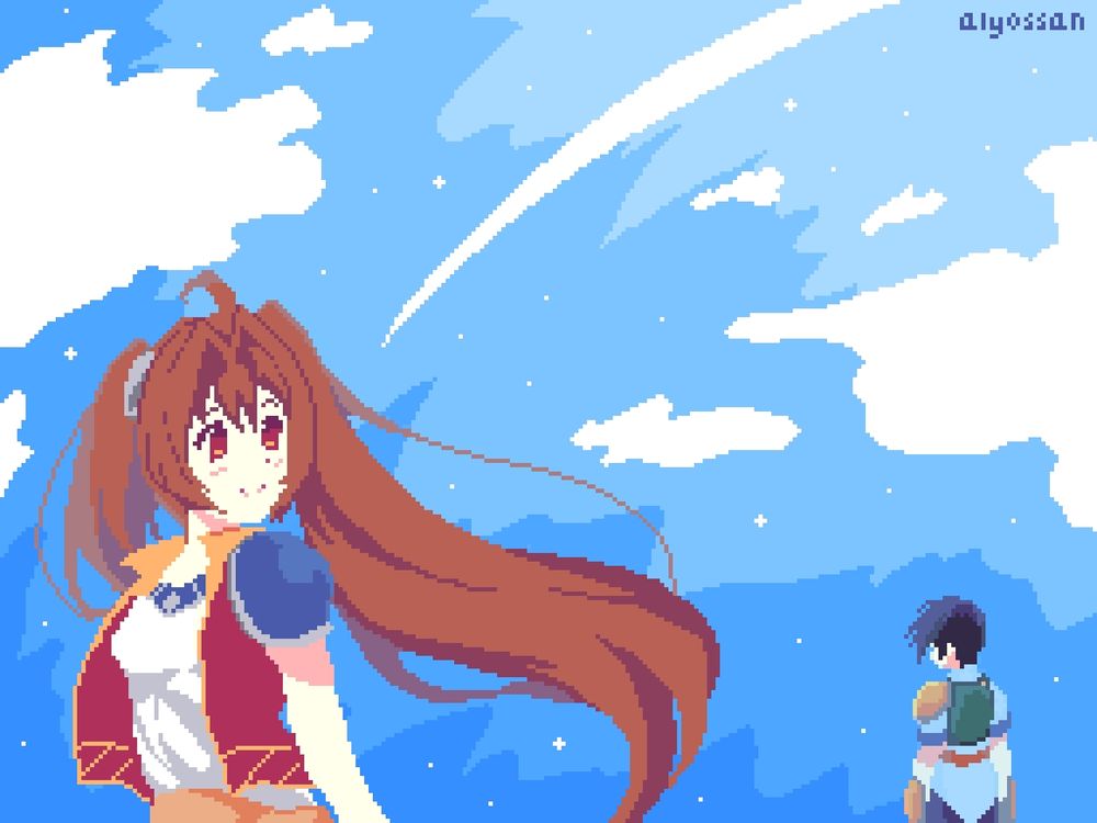 Pixel art of Estelleand Joshua Bright from Trails in the Sky. Estelle is close to the viewer and looking over her shoulder towards the sky while Joshua has his back turned far away. The sky has several clouds trailing in the background