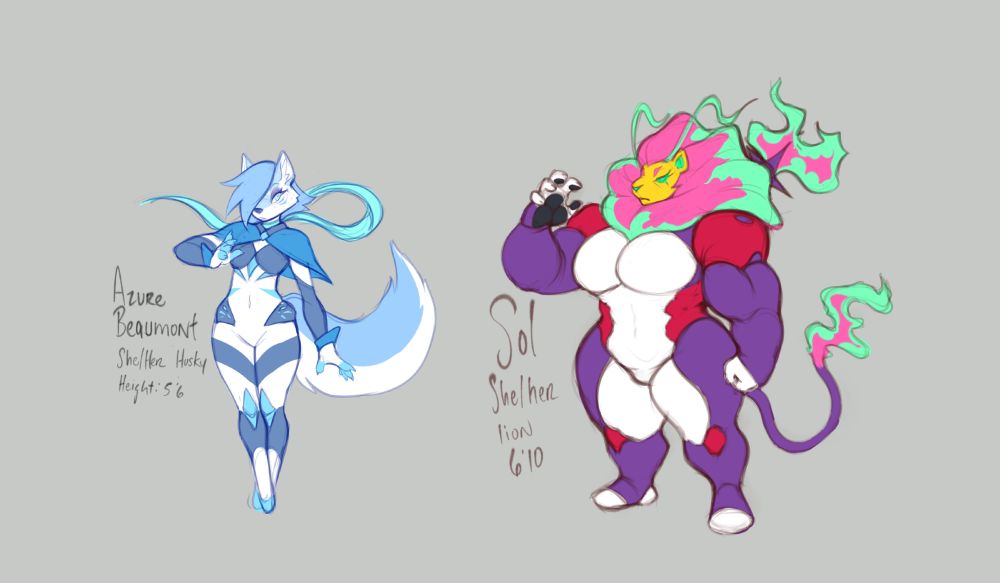 Two additional racers I was concepting more recently. A Husky with an artic, snowy theme named Azure and a muscular, alien lion named Sol.