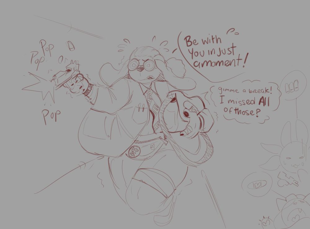 an image of a nerdy anthro dog hastily running into danger, firing off her gun at unseen assailants while cradling a medical bag in her off hand. She is sweating and exclaiming to her fellow survivors "Be with you in just a moment!" followed by a thought bubble "gimme a break! I missed ALL of those?" To the bottom right of her thought bubble are her two teammates, a mizutsune requesting munitions and a cat requiring healing.