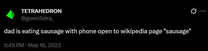 dad is eating sausage with phone open to wikipedia page "sausage"