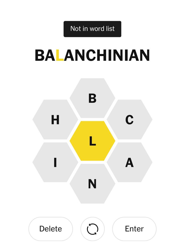 Screenshot of the New York Times’ spelling Bee game with the word “balanchinian” and the mention “not in word list”