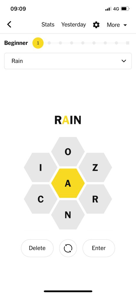 Spelling Bee screenshot with the word Rain
