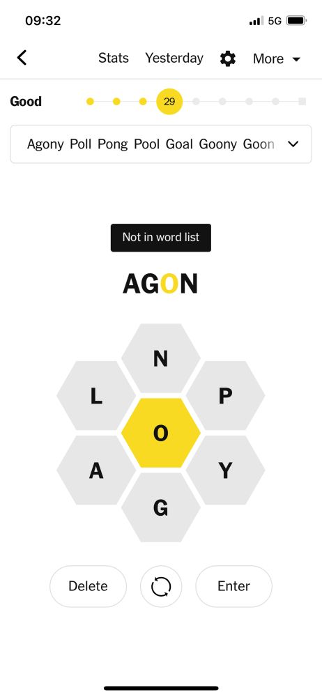 Spelling Bee screenshot with the word Agon not in word list 