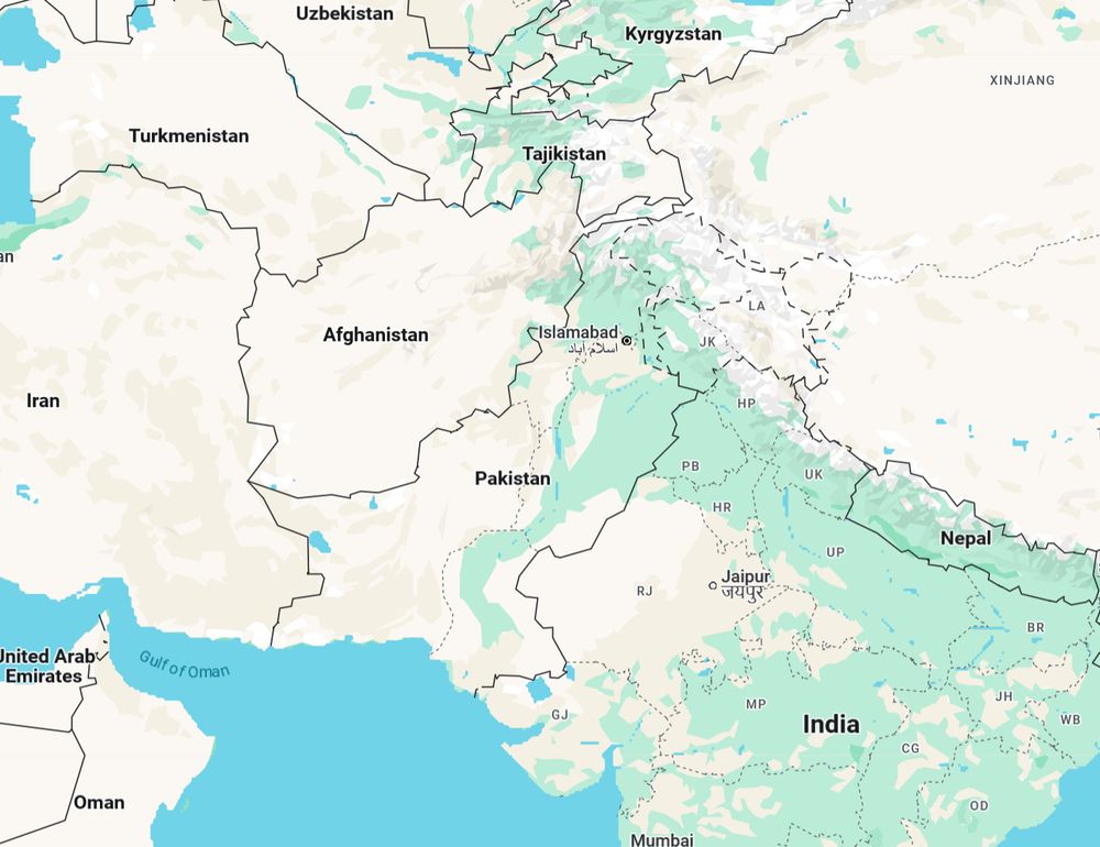 A map of the Indian subcontinent showing India, Pakistan, Afghanistan, Iran, Turkmenistan, Tajikistan, Kyrgzstan, Uzbekistan, Nepal, and China. 