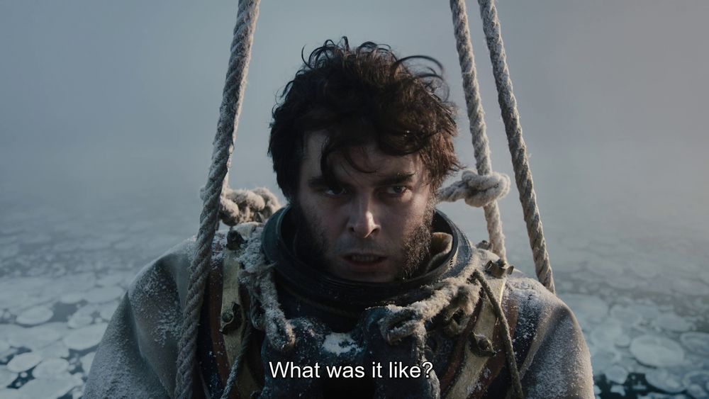 The Terror, Episode 1 "Go For Broke".
Pic 1. Sir John (out of shot) to Collins: "What was it like?"
Pics 2-3. Collins sees (or hallucinates) Billy Orren's corpse floating underwater, the sight terrifies him.
Pic 4. Collins replies to Sir John, "Like a dream,sir."