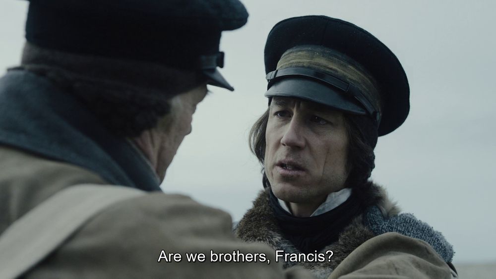 From Episode 8 "Terror Camp Clear". Fitzjames and Crozier have a therapy sesh on their way from the cairn. 

Fitzjames: "Are we brothers, Francis?"

P.S. Happy Birthday to Tobias Menzies, underrated king of stoic-single-tear acting, born on this day in 1974!

