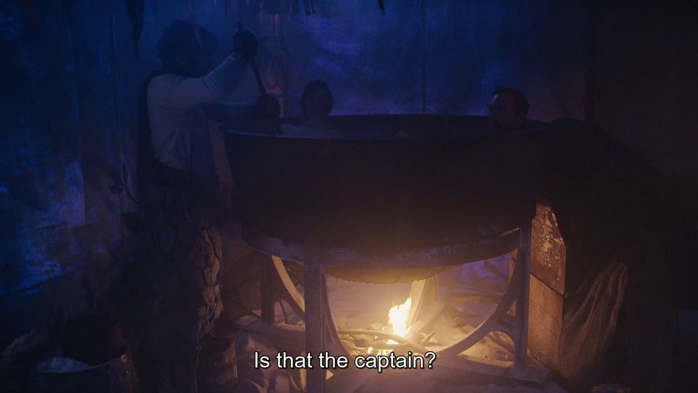 The Terror, Episode 6 "A Mercy". Two brooos chilling in a hot tuuub (serving as an eerie omen of things to come). 
Closed caption reads, "Is that the captain?"