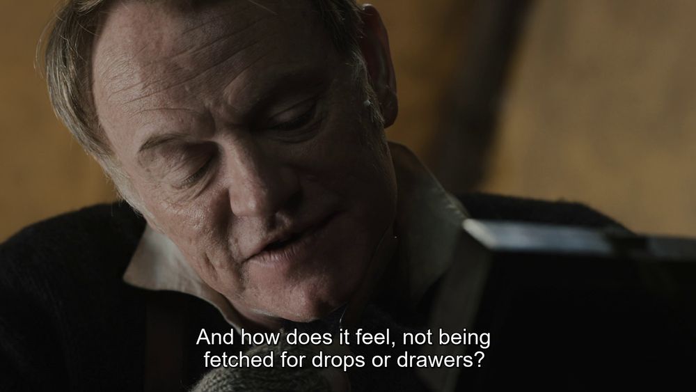 The Terror, Episode 7 "Horrible From Supper". 
Pic 1. Crozier: "And how does it feel, not being fetched for drops or drawers?"
Pics 2-3. Jopson: "Miserable, sir. That is my job you are shaving away."