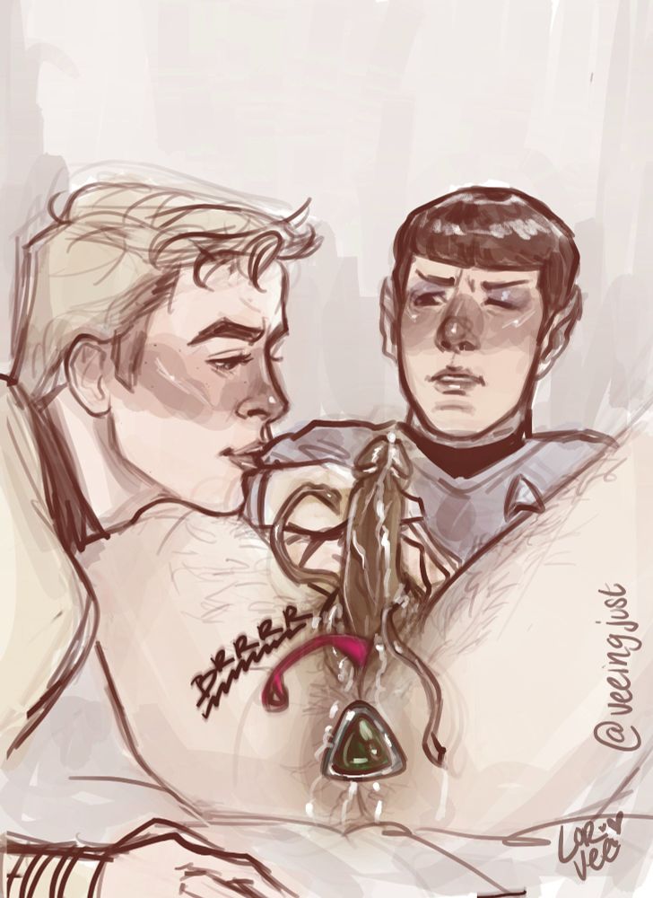 Drawing with muted colors, in a sepia-like palette. Jim and Spock as pictured in Star Trek 2009. Both are blushing. Spock is lying on his back, his head raised. His legs are in the air, spread. His penis is extended out of his genital sheath, veiny and leaking. There's a tiny bit of space in his sheath still, and there's a vibrating pink toy inside, vibrating loudly. out of the sheath, two fra'als (long, tentacle-like appendages, thin and undulating). Spock has a butt-plug inserted, with a big green vulcan gem inside a triangle-shaped silver rim. 
Spock has one eye closed, his face covered in a deep blush. His mouth is slightly partes, his teeth showing. He is wearing his blue shirt still.
Jim is leaning from the left side of the image, his hand on the bed. He is looking at the entire scene with a sweet smile, his face bushing as well. He is also wearing his uniform. 