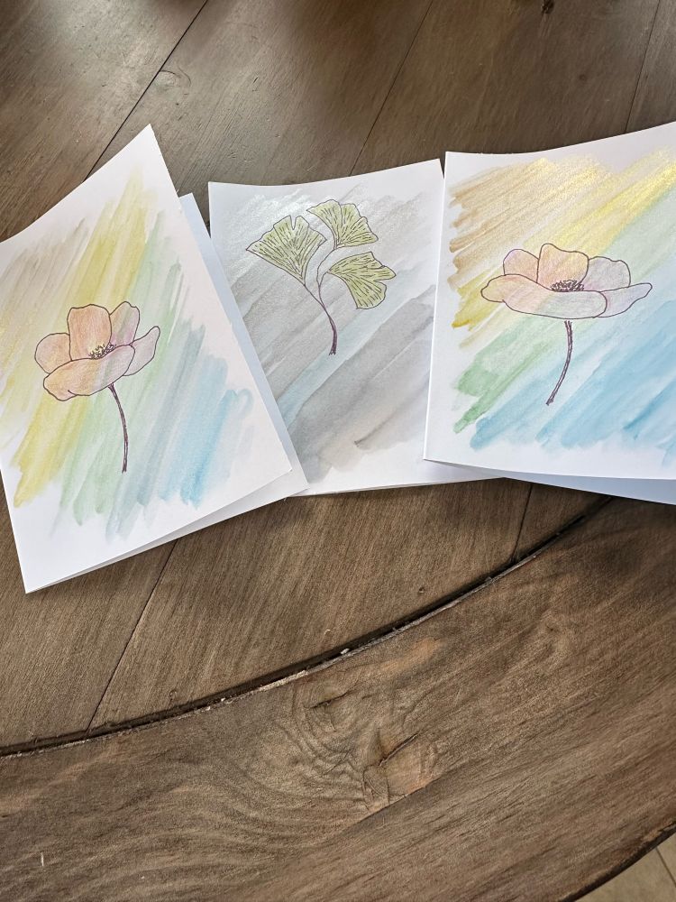 Cards with flowers, card with ginkgo leaves, drawn and painted