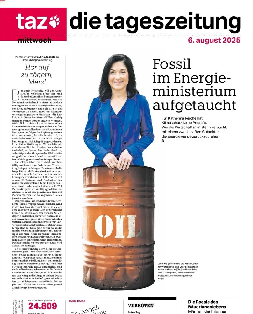 Titelbild der taz mit Katherina Reiche. Überschrift: "Fossil im Energieministerium aufgetaucht"