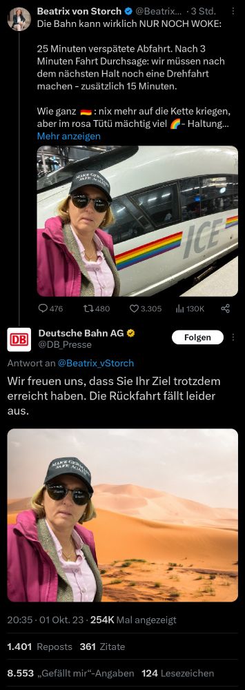 Screenshot from Twitter where a AfD politician rants about the Deutsche Bahn and they answer with a photoshopped image with her in the desert, say that they're happy that she reached her destination. The return trip is canceld though.