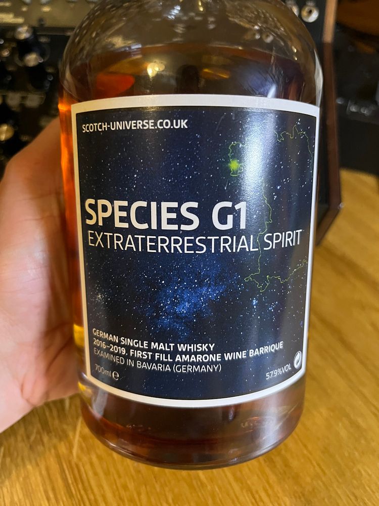 A bottle of a St. Kilian whisky, labelled as Species G1 from Scotch Universe.
