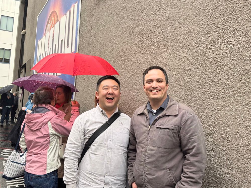 Brian Chang and John Focht outside the Alex Trebek stage during a Jeopardy! Masters taping
