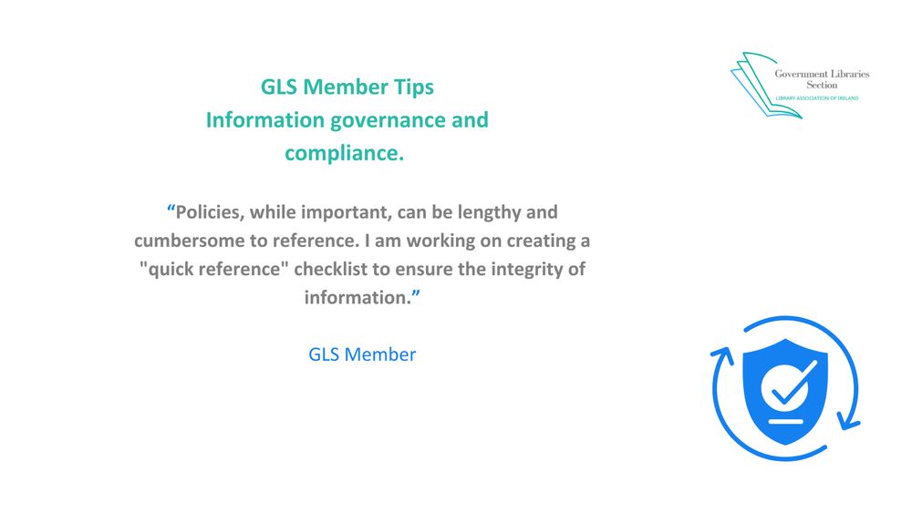 Ensure policies for different information areas such as collection development, copyright and records management reinforce each other and that your expertise provides input into the review and development of policies (if not under your ownership)