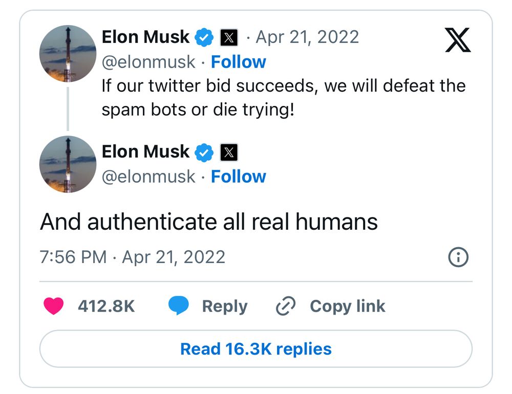 On April 21, 2022, Elon Musk tweeted: “If our twitter bid succeeds, we will defeat the spam bots or die trying!”. He followed it up with “And authenticate all real humans”.