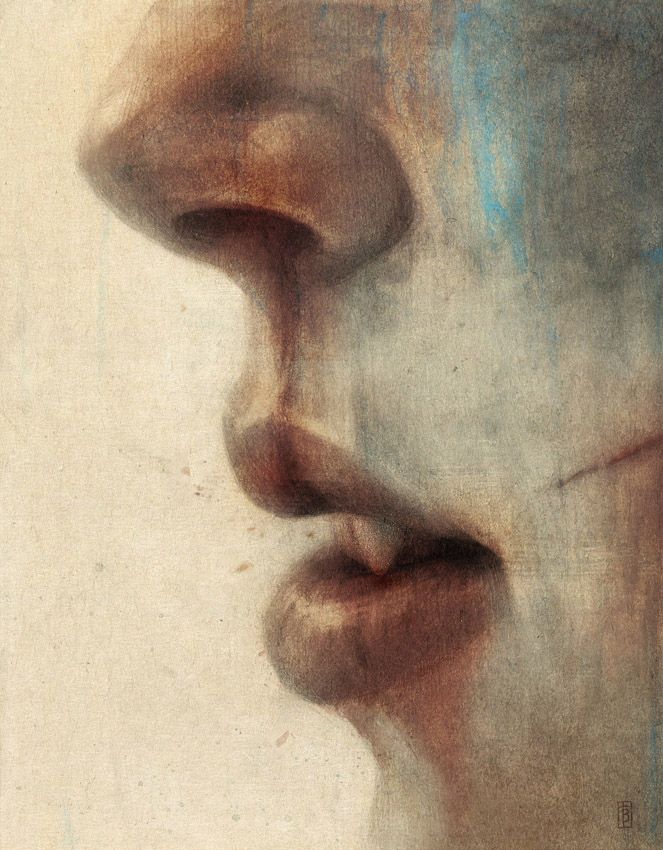 Graphite pencil drawing + watercolour on toned paper of a close up of a woman's face. She is in profile, only her nose and mouth is visible. She appears to have quite a sharp tooth. I have added colour tones in photoshop. Her nose and lips have a reddish tone, almost like blood. She has a scar/cut on her cheek. The art is called 'Drained'.