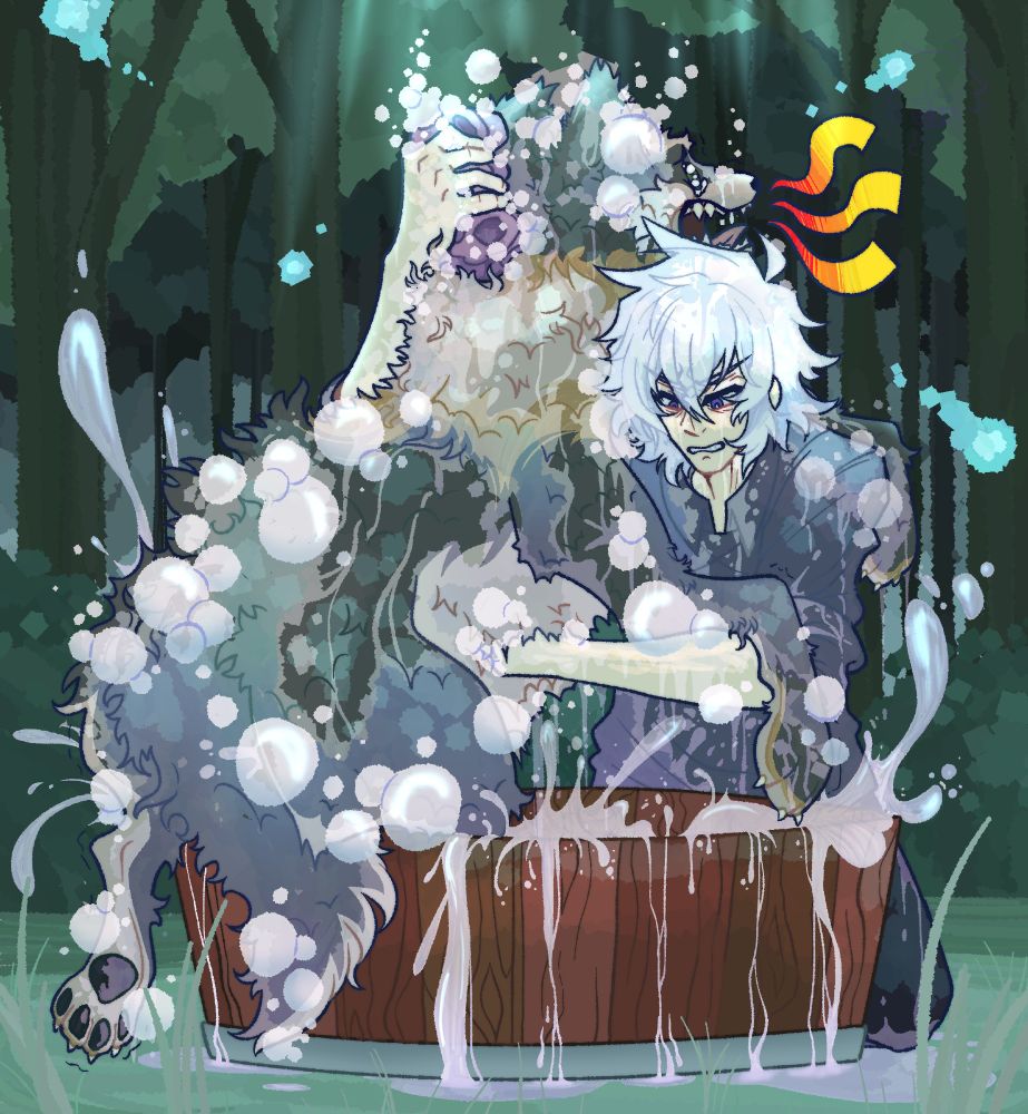 Eden struggling to wash his wolf familiar. The wolf yelps while crying and struggling to get out of the wooden tub while water splashes all over the ground and on Eden