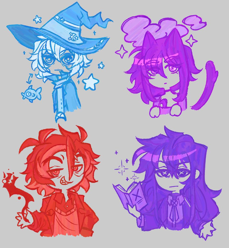 4 chibi styled bust shots of 4 of my ocs, from top left to bottom right, Eden, Evie, Munei, and Id. In the same variation of colors, Light watery blue, candy purple, scarlet red, and a cooler, more blue leaning purple.