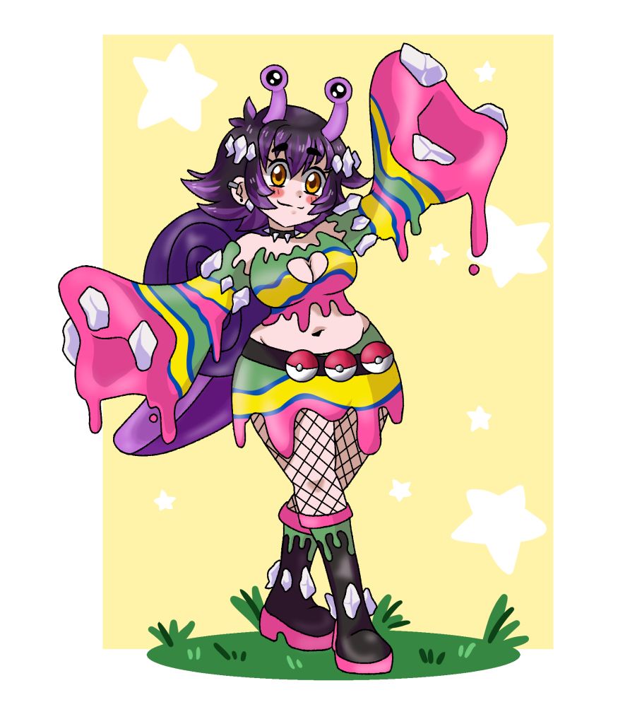 Art of the vtuber @Penzles a snail themed character with snail eyes and tail. She has short purple hair and is wearing an outfit that is Alolan-Muk themed.