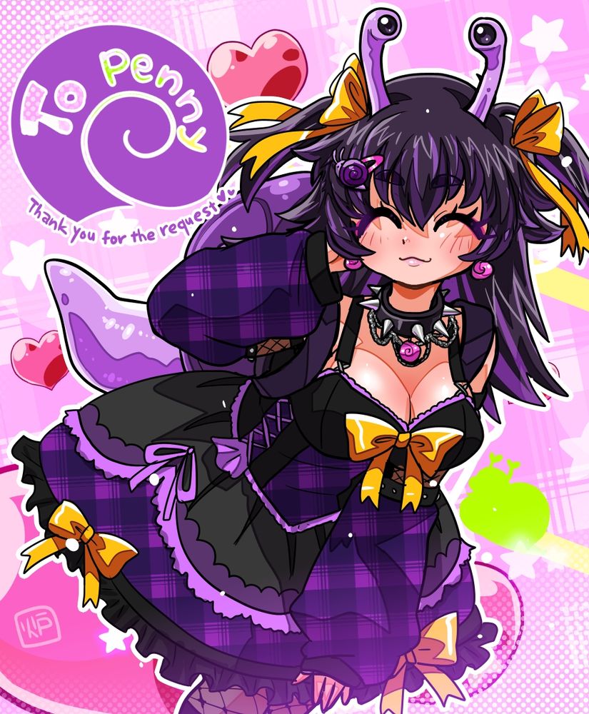 Art of Penzles the Vtuber with her long hair and dress with yellow bows outfit.