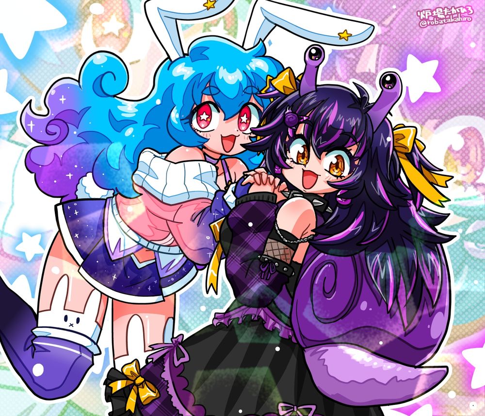 Art of StormyCharger a blue moon bunny and Penzles a purple snail holding hands leaning into eachother smiling.