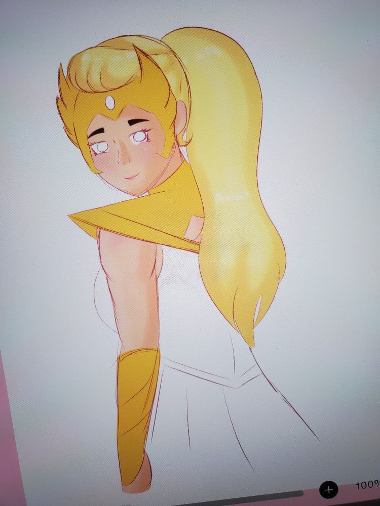 A partially colored sketch of she-ra, looking over her shoulder from behind 