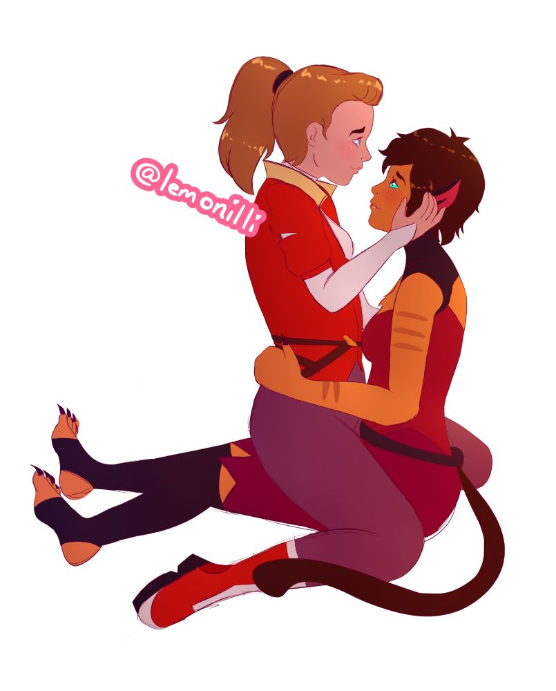 Adora sitting in Catra's lap, they are looking at each other lovingly 